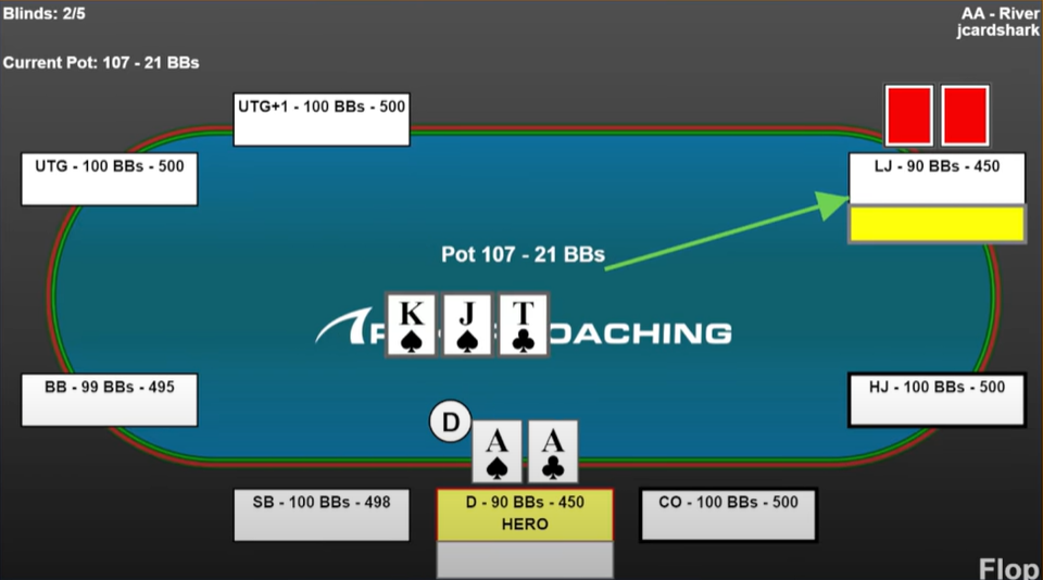 Cash game poker hand example. Pocket aces button facing the lojack on the flop. Hand replay created by EasyHand Replayer.