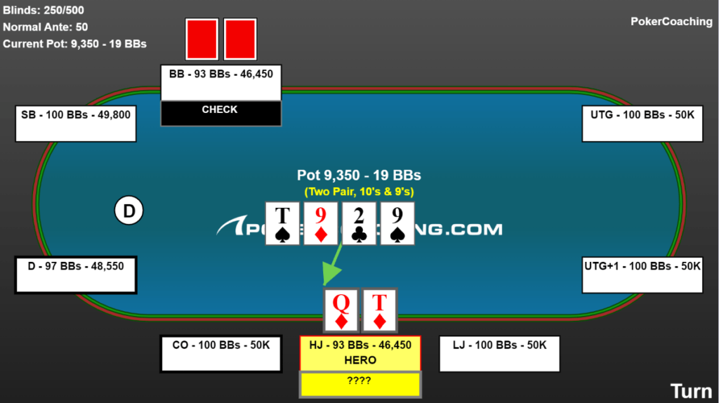 Online poker hand example. Playing queen-ten suited on the turn checked to facing the big blind with top pair on a paired board. Deep stacked with 93 big blinds effective.