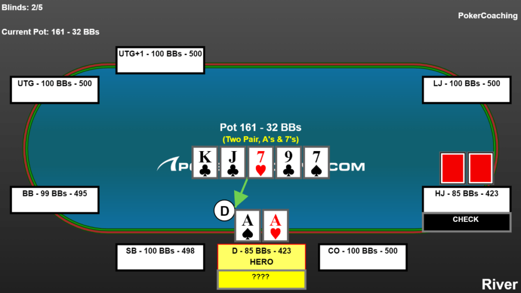 Online cash game hand example. Pocket aces on the river checked to by the hijack on the button.