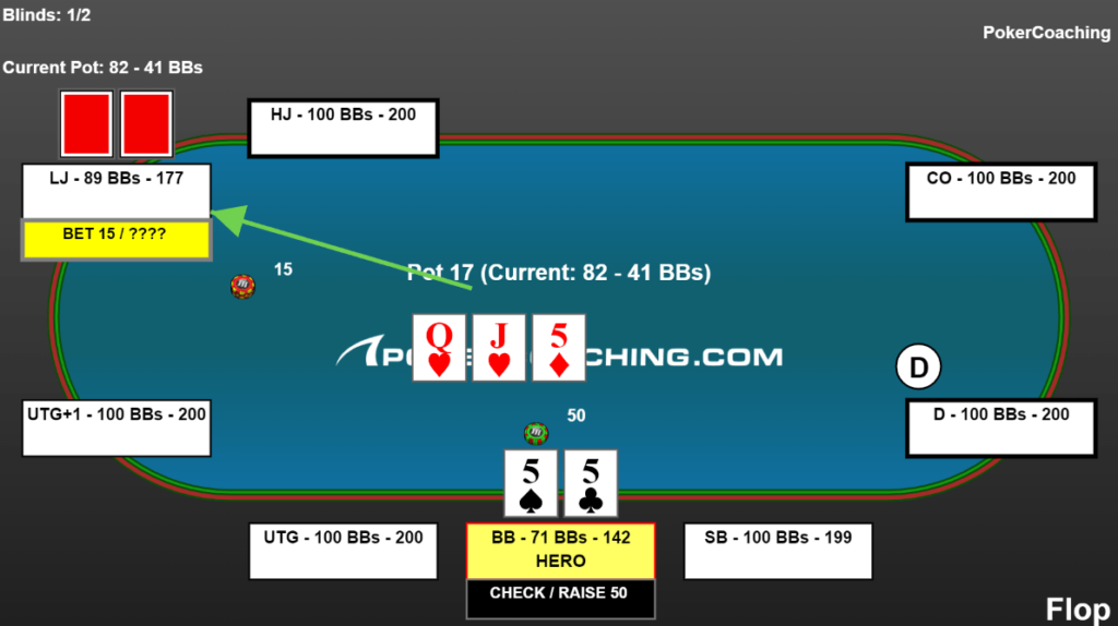 Online poker hand example. Pocket fives with bottom set on the big blind facing the lojack heads-up on the flop. Hand display created by EasyHand Replayer.