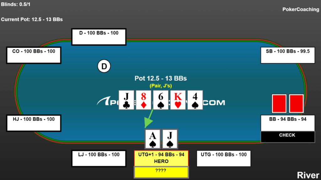 Online cash game hand example. Ace-jack suited second pair checked to by the big blind on the river under-the-gun plus one. Hand replay created by EasyHand Replayer.