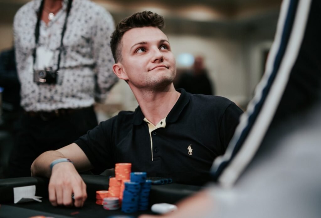 Bulgarian professional poker player and WSOP bracelet winner Alex Kulev pictured playing in a poker tournament.