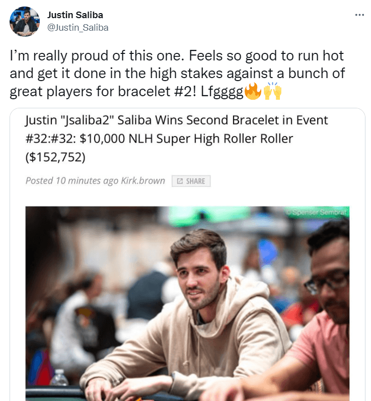 PokerCoaching.com coach Justin Saliba shares a tweet after winning his second career World Series of Poker bracelet.
