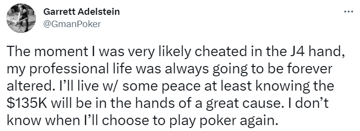 Garrett Adelstein makes a statement on Twitter regarding the controversial hand she played against Robbi Jade Lew on Hustler Casino Live.