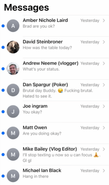 Text messages sent to Brad Owen from Joey Ingram and Andrew Neeme following Brad Owen's live cash game appearance at The Lodge Poker Club.