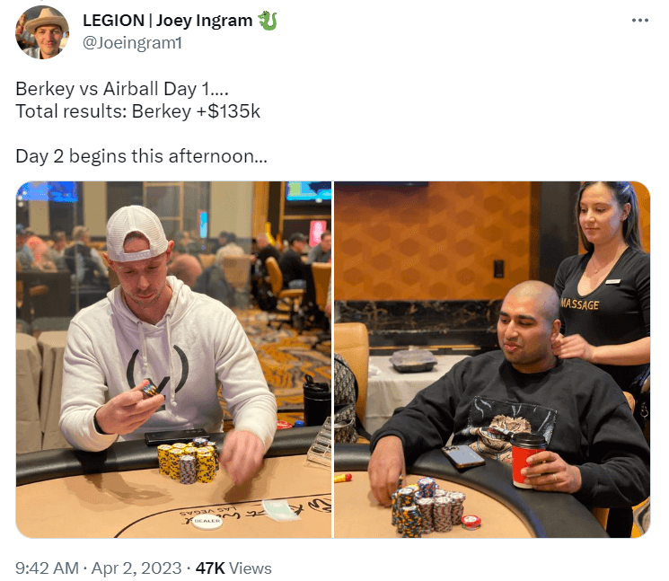 Nik Airball versus Matt Berkey high stakes heads-up cash game grudge match at Resorts World in Las Vegas Joey Ingram tweet from Twitter.