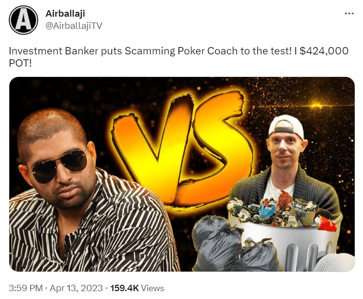 Nik Airball versus Matt Berkey high stakes heads-up cash game grudge match at Resorts World in Las Vegas tweet from Nik Airball on Twitter.