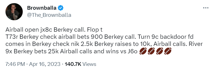 Nik Airball versus Matt Berkey high stakes heads-up cash game grudge match at Resorts World in Las Vegas tweet from Brownballa on Twitter.