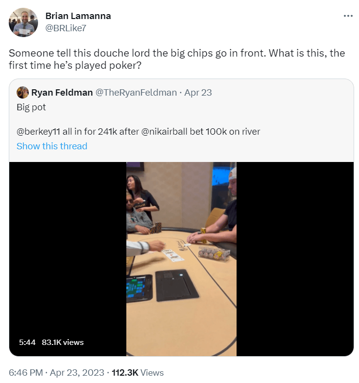 Nik Airball versus Matt Berkey high stakes heads-up cash game grudge match at Resorts World in Las Vegas tweet from Brian Lamanna on Twitter.