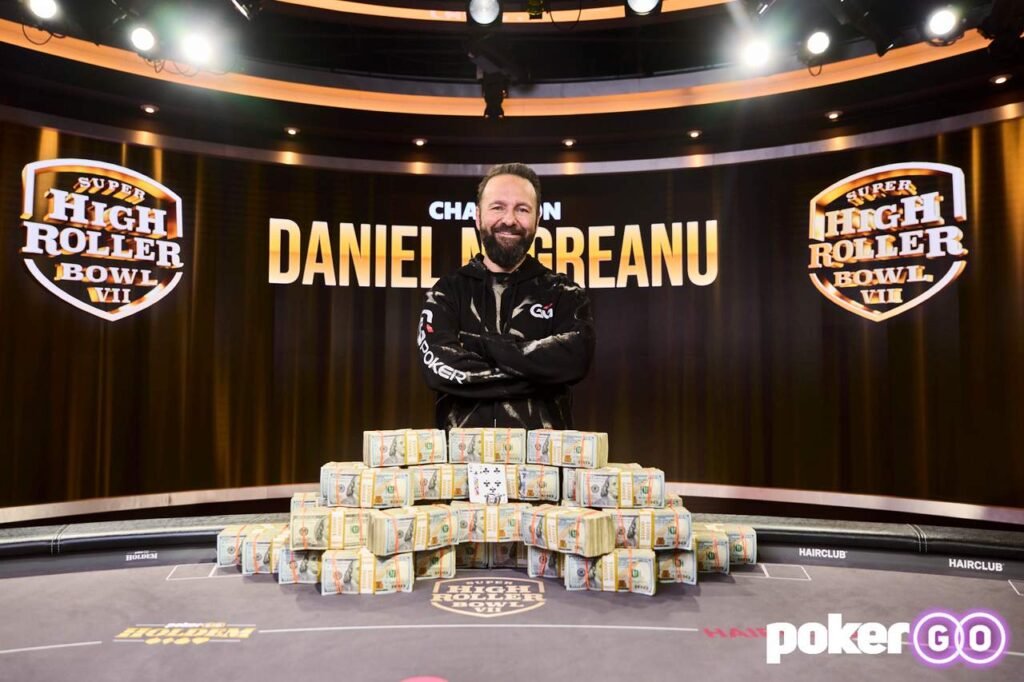 Daniel Negreanu posing after winning the Super High Roller Bowl aired on PokerGO.