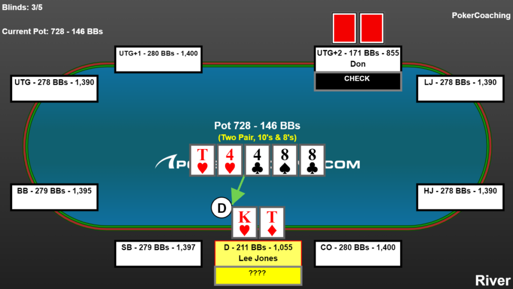Poker table, $730 in the pot, river is 8♣ (10♥-4♥-4♣-8♠-8♣). Don checks with $850 behind. Protagonist seeks Discord advice, mentions prior big pot history. Discord suggests a tough decision, considering bluff-catching, thin value, and potential folds from Don.
