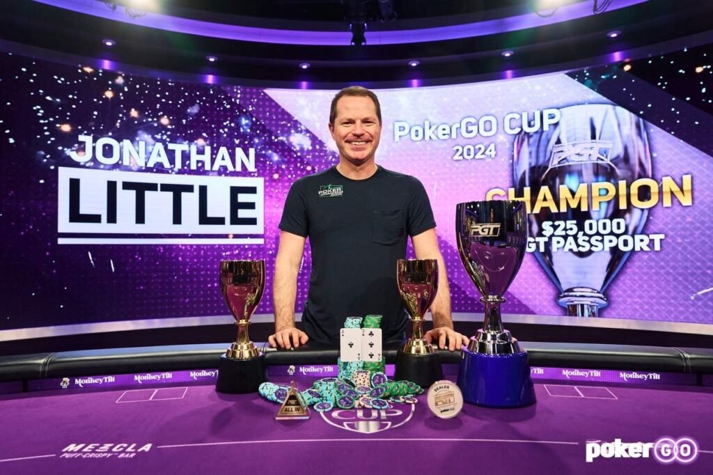 Jonathan Little celebrates winning the 2024 PokerGO Cup championship, representing PokerCoaching.com.